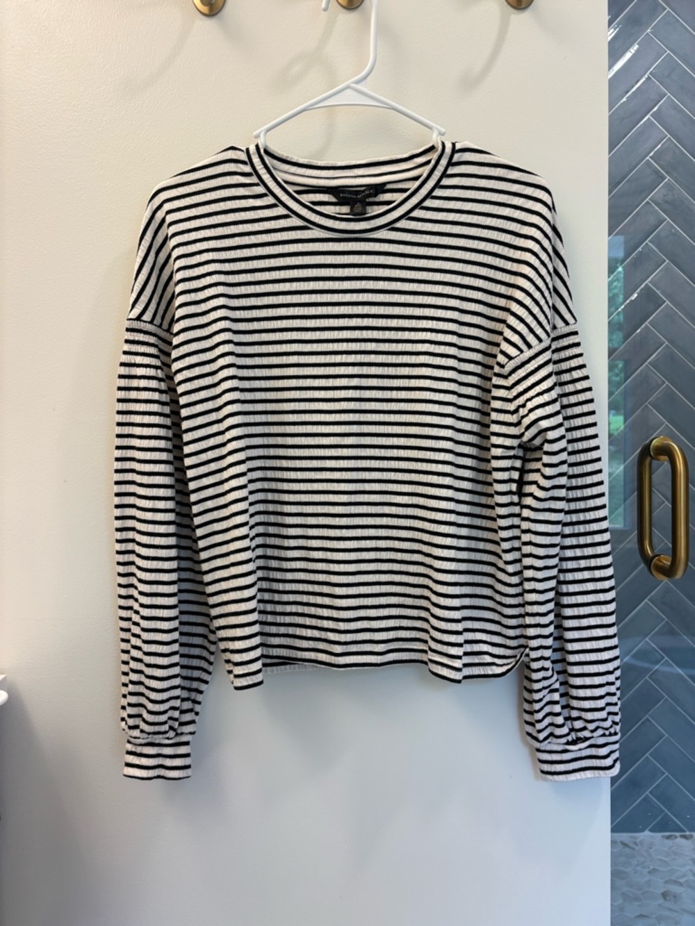 Banana Republic Balloon Sleeve Striped Long Sleeve Ribbed Tee - Black & White